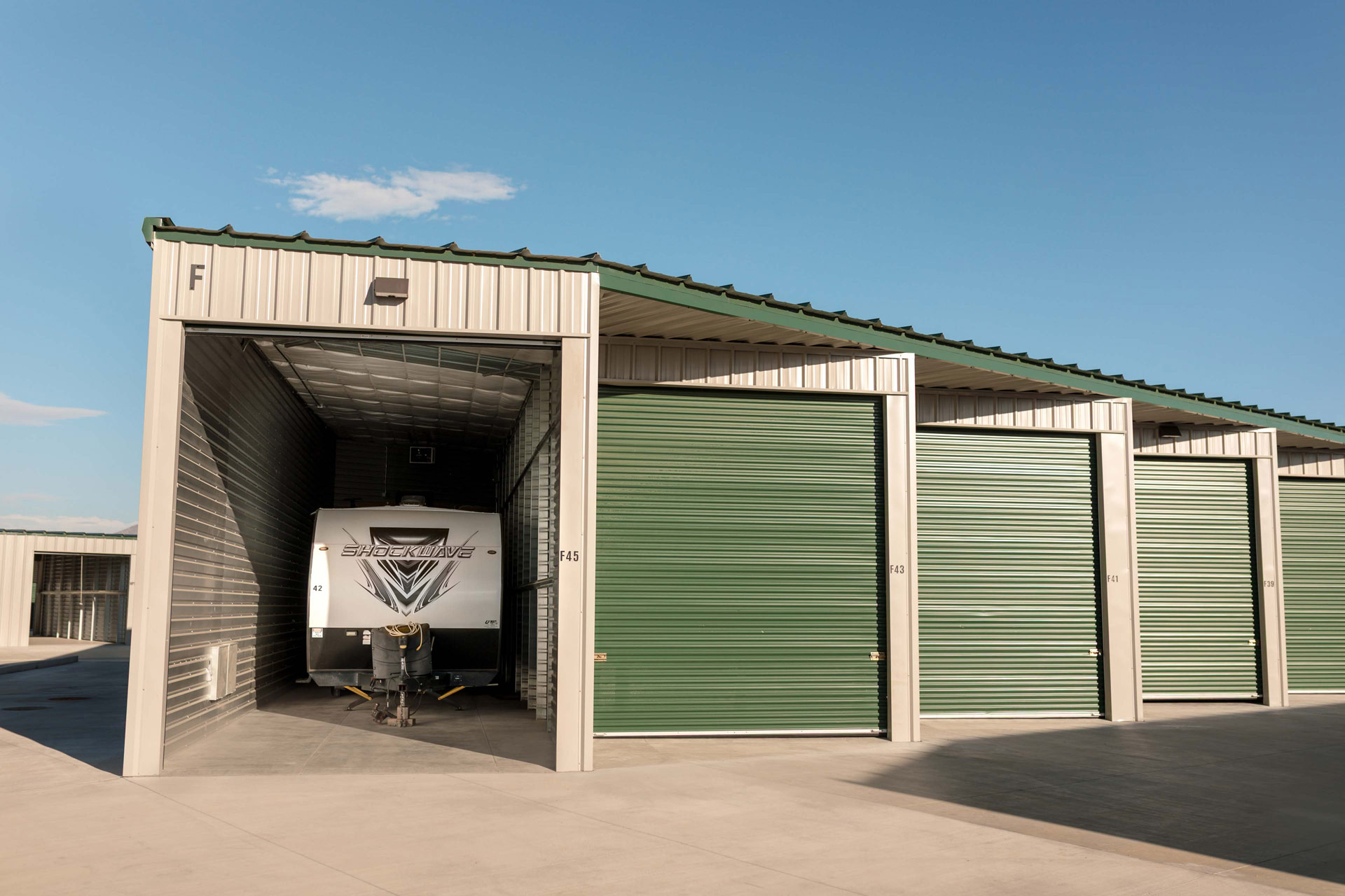 an RV parked inside a storage unit in Minden